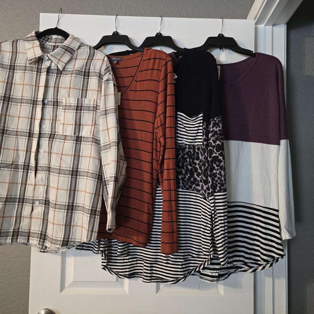 Plaid and Striped Long Sleeve Tops Set